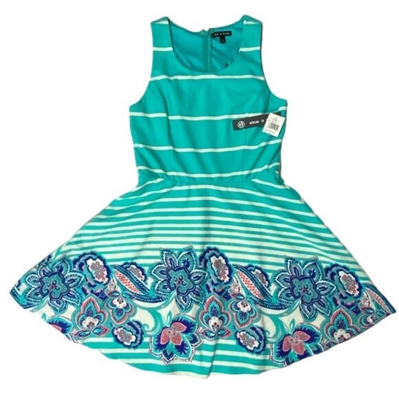 As U Wish Cut Out Skater Dress Mini Flare Stripe Floral White Teal Junior Large - Picture 14 of 16
